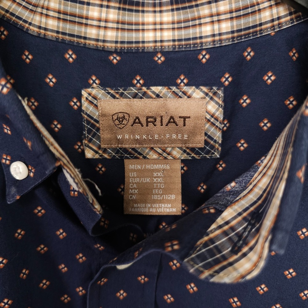 Ariat Kaiser Shirt Mens XXL Blue Tan Geo Print Long Sleeve Wrinkle Free Rodeo - Picture 4 of 16